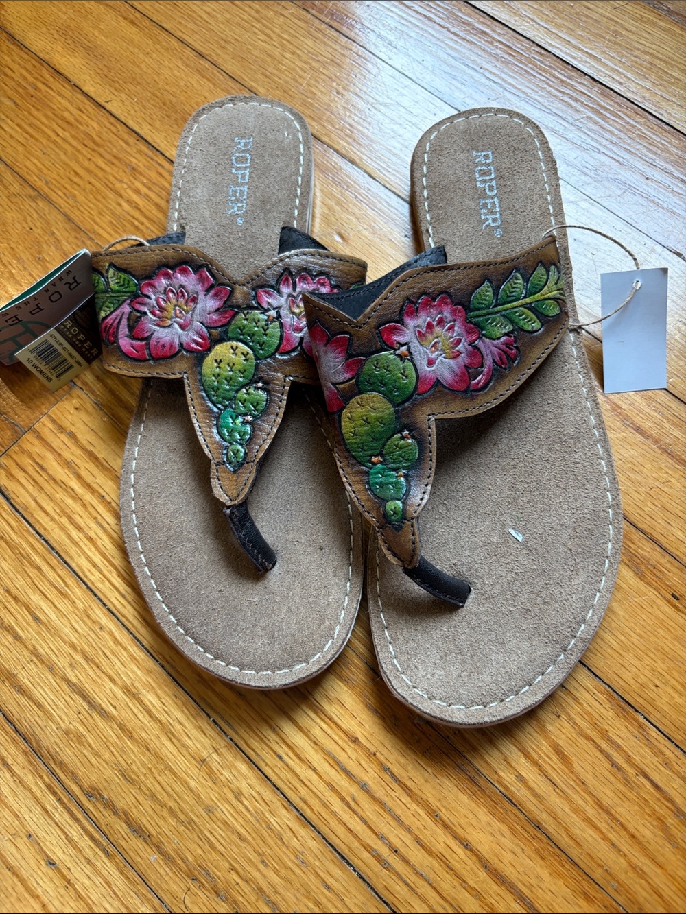 Roper Women's Brown Leather Thong Sandals with Pink & Green Floral Embroidery